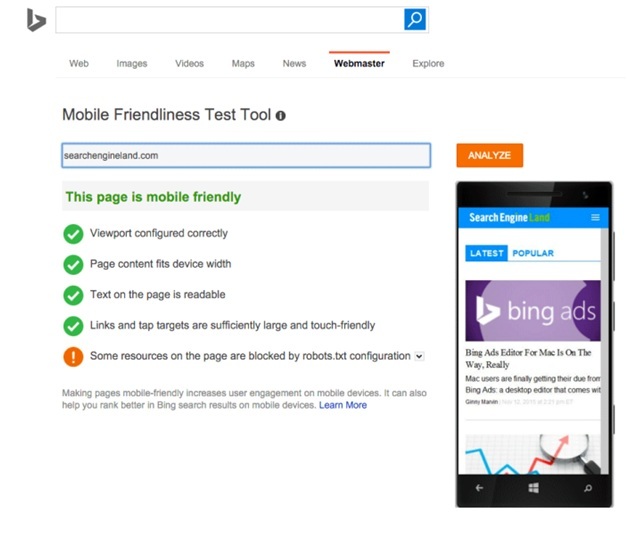 Bing’s mobile-friendliness test